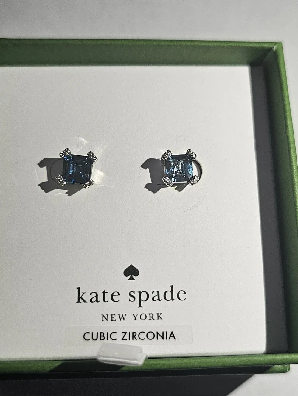 NWT Kate Spade Blue Cubic Zirconia Stud Earrings Silver Tone